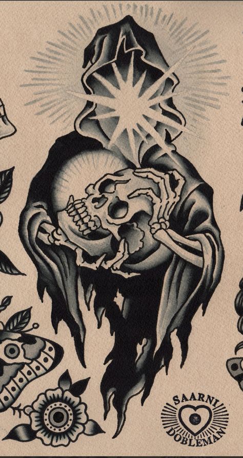 Grim Reaper American Traditional, American Trad Skeleton Tattoo, Cover Up Tattoos American Traditional, Nopal Tattoo Traditional, Hocus Pocus Spell Book Tattoo, Demon American Traditional Tattoo, Tradition Skull Tattoo, Traditional Saint Tattoo, Big Dark Tattoos