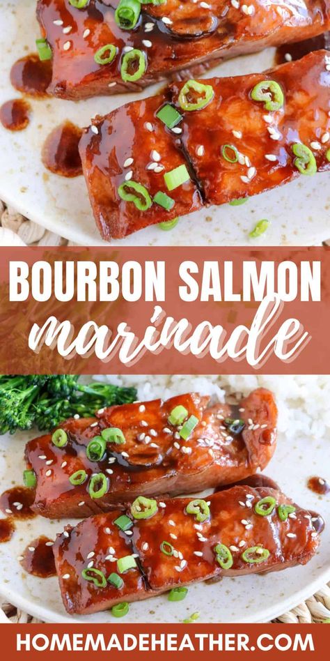 Savor the rich flavor of salmon glazed in brown sugar & bourbon. This easy bourbon salmon marinade creates a simple yet luxurious dish! Salmon Marinade Recipes, Bourbon Salmon, Bourbon Glazed Salmon, Brown Sugar Salmon, Herb Crusted Salmon, Salmon Marinade, Bourbon Recipes, Barbeque Recipes, Baked Salmon Recipes