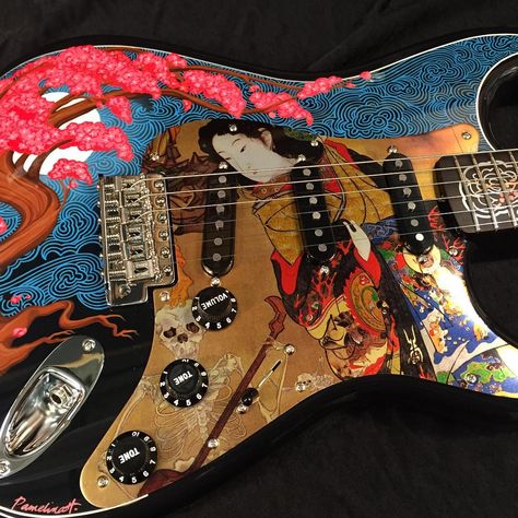 Guitar Custom Paint, Cherry Blossom Guitar, Unique Electric Guitar Designs, Guitar Decorations, Guitar Inlay Design, Japanese Guitar, Custom Sg Guitar, Fender Japan, Fender Strat