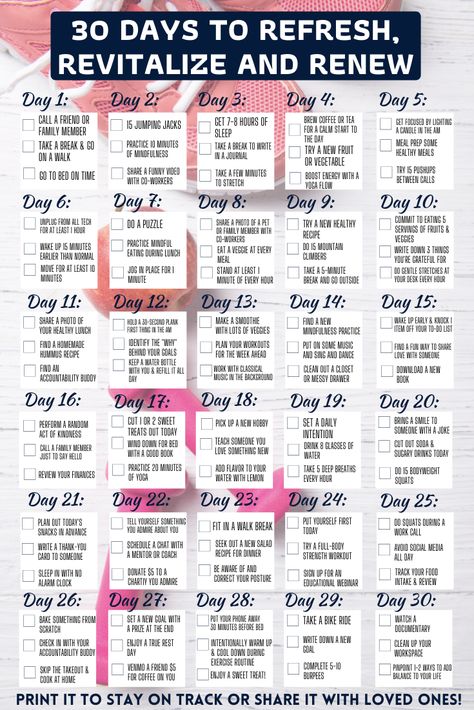 A 30-Day Challenge Designed to Add Health to All Aspects of Life | SparkPeople 30 Day Get Your Life Together Challenge, Health And Fitness Challenges, 30 Days Wellness Challenge, 30 Day Challenge Mental Health, 30 Day Productivity Challenge, 30 Days Happiness Challenge, 30 Days Productivity Challenge, 30 Days Mental Health Challenge, Monthly Challenge Ideas 30 Day