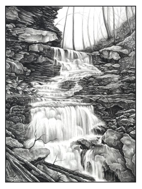 "Fine art print of my Original pencil drawing \"Falls I\"." Water Falls Drawing, Black And White Pencil Drawings, Drawing Landscapes, Waterfall Sketch, Drawing Sky, Waterfall Drawing, Tank Drawing, Hidden Art, Fall Drawings