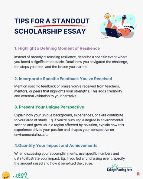 #Repost @collegefundinghero ・・・ #SaveThis Master the art of scholarship essays with these sharp tips! ✍️ Share your story, quantify your impact, highlight praise, and show off your unique perspective. Let’s make your application unforgettable! 🥳 #ScholarshipSuccess #EssayTips #essaywriting Essay About Yourself, Scholarship Essay Examples, Essay Scholarships, Motivation Letter, Scholarships For College Students, Essay Ideas, College Essay Examples, Study Abroad Scholarships, Application Essay