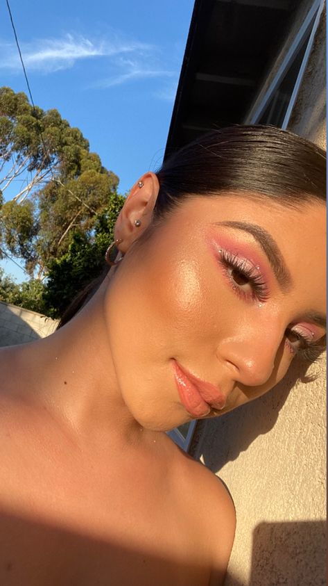 Makeup Looks With Hot Pink Dress, Makeup Looks For Hot Pink Outfit, Hoco Makeup For Pink Dress, Hot Pink Outfit Makeup Ideas, Makeup Look For Hot Pink Dress, Pink Prom Dress Makeup, Makeup For Prom Pink Dress, Pink And Silver Makeup Looks, Baby Pink Eyeshadow Looks