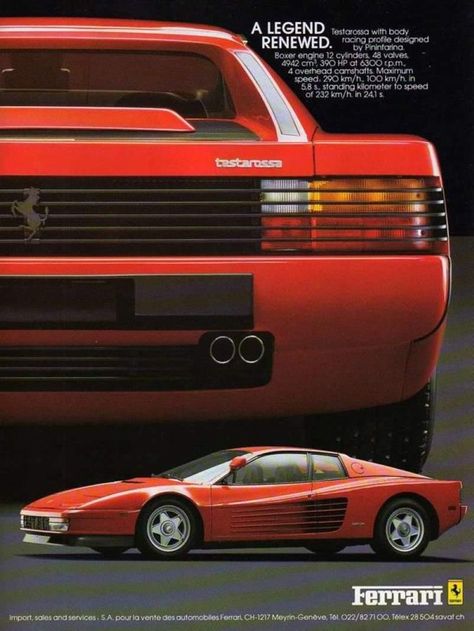 Ferrari Advertising, Ferrari Testarossa Wallpaper, 80s Ferrari, Car Tattoo Design, Ferrari Aesthetic, Cars Poster, Ferrari Poster, Ferrari Testarossa, Car Organization