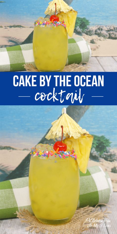 A Cake by the Ocean Cocktail is the perfect beach drink. Full of tropical flavors like pineapple juice, coconut rum and cake flavored vodka! Cake By The Ocean Drink, Beach Drinks Alcohol, Boozy Pineapple, Ocean Cocktail, Cake By The Ocean, Juice Coconut, Yummy Summer Cocktails, Spicy Candy, Beach Drink