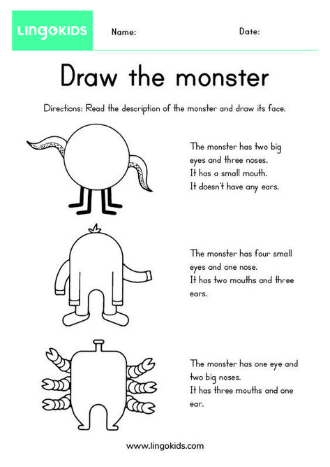 Fun English Activities For Kids, Draw Your Monster, Body Parts Worksheet, Body Parts For Kids, Teach English To Kids, English Teaching Materials, English Activities For Kids, English Exercises, Esl Activities