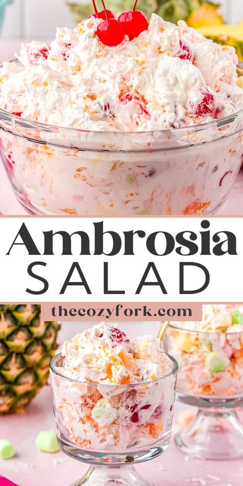 Ambrosia Salad With Sour Cream Potluck Fruit Salad, Easy Dessert Salads, Watergate Salad Recipe Ambrosia, Church Salad Recipes, Summer Fruit Salad Recipes Easy, Amish Yum Yum Salad, Midwest Food Recipes, Fruit Salads For Parties Potlucks, Congealed Salad Recipes Simple