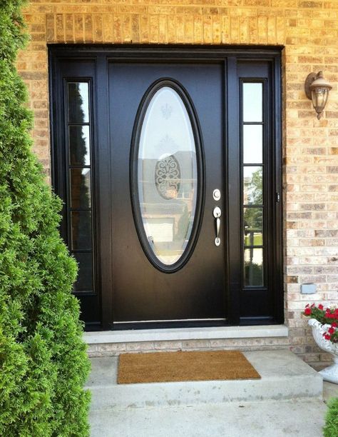 A Black Door with a Large Oval Window is what I would like for REDROC RANCH Black Front Door Oval Window, Front Door Oval Glass Window, Front Door With Oval Glass Window, Oval Glass Front Door, Front Door Images, Exterior House Doors, Black Exterior Doors, Door Window Covering, Black Front Door