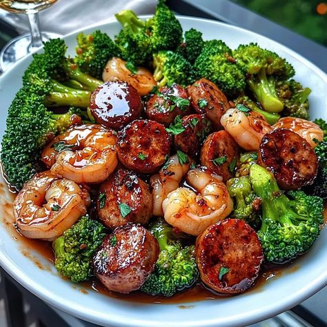 Shrimp Broccoli Sausage, Broccoli Shrimp Sausage, Shrimp And Sausage Sheet Pan Dinner, Shrimp Sausage Broccoli Stir Fry, Kielbasa Shrimp Recipes, Honey Garlic Shrimp And Sausage, Sausage Shrimp Broccoli Recipes, Shrimp Sausage Broccoli, Broccoli And Sausage Recipes