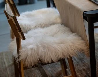 Sheepskin Seat Pads, Icelandic Style, White Sheepskin Rug, Scandinavian Cottage, Sheepskin Chair, Ski Lodge Decor, Dining Chair Pads, Padded Stool, Sheepskin Throw