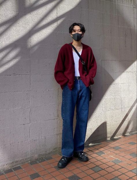 Guys With Cardigans, Txt Fashion Style, Korean Fall Outfits Men, Maroon Shirt Outfit Men, Maroon Outfit Men, Oversized Cardigan Outfit Men, Red Outfit Aesthetic Men, Men Red Outfit Aesthetic, Masculine Cardigan Outfits