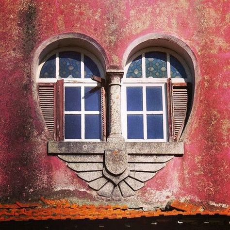 Abandoned Art Nouveau house with heart window in Miramar (Vila Nova de Gaia), Portugal. The house is next to the train station nearby a beach sight there.  Unknown date taken or photographer, three more images posted with dates and photographers. Cool Windows, Buildings Background, Court Aesthetic, Doctor Faustus, Lisa Frankenstein, Heart In Nature, Yoga Studio Design, Night Court, Beautiful Windows