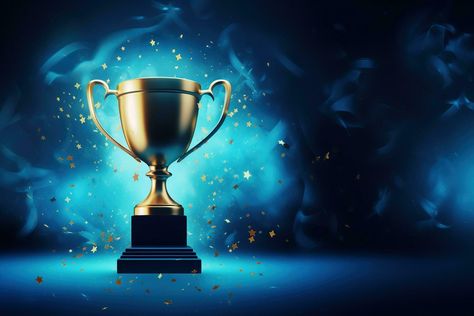 Generative AI, Winner trophy with flames, blue golden champion cup with falling confetti on blue background. Golden Blue Background, Trophy Background, Winner Cup, Winner Trophy, Autumn Confetti, Yearbook Themes, Trading Ideas, Emoji For Instagram, Golden Background