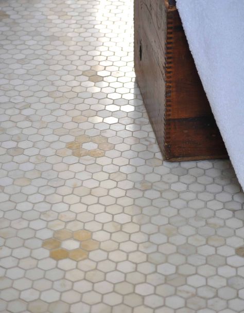 Flower Hex Studio Line – Cloud Nine – New Ravenna Ranch House Interior Design, Hex Tiles Bathroom, Hex Tile Floor, Cottage Bath, New Ravenna, Fishermans Cottage, Shower Floor Tile, Flower Tile, Glass Installation