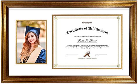 Golden State Art, 11x19.5 Diploma Frame for 8.5x11 Certificate and 5x7 Picture - 2 Openings - Dark Gold Graduation Frame - White Over Gold Double Mat - Real Glass - Wall Mount Degree Frame, Graduation Frame, Document Frame, Diploma Frame, Dark Gold, Golden State, State Art, Glass Wall, Gold Trim