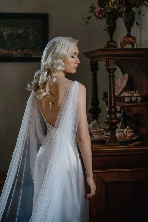 Bridal Cape Veil With Back Necklace Wedding Cape Veil SIRAN - Etsy Wedding Dresses Cape Veil, Veil Cape Wedding Dress, Satin Wedding Dress With Cape, Wedding Dress Cape Veil, Bride Without Veil, Wedding Dress With Cape Veil, Necklace Cape, Structured Wedding Dress, Veiled Bride