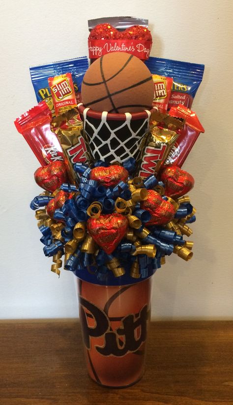 Basketball Bouquet, Basketball Senior Night Gifts, Basketball Theme Birthday, Valentines Ideas For Him, Basketball Senior Night, Auction Basket, Candy Arrangements, Candy Bouquet Diy, Senior Night Gifts