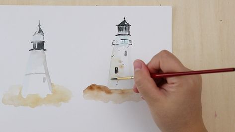 How to Paint: Watercolor Lighthouses - Audrey Ra Design Dark Purple Background, Brick Detail, Style Tutorial, Lighthouse Painting, Art Tutorials Watercolor, Paint Watercolor, Watercolor Paintings For Beginners, Watercolor Inspiration, Loose Style