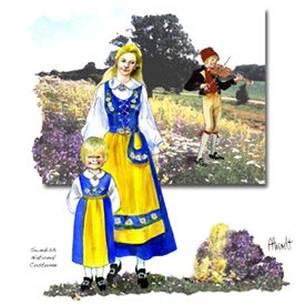 Sweden - Swedish girls traditional dress blue yellow Swedish Traditional Clothing, Sweden Costume, Swedish Outfit, Swedish Clothing, Swedish Girls, Costumes Around The World, Swedish Style, Dala Horse, European Culture