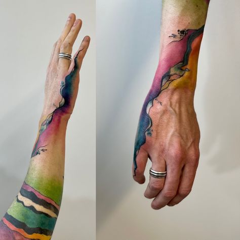 Tattoo Sleeve Connection Ideas, Abstract Rainbow Tattoo, Art Themed Tattoos, Colorful Abstract Tattoo, Colorful Forearm Tattoo, Tattoo Ideas Abstract, Obsidian Tattoo, Abstract Watercolor Tattoo, Water Color Abstract