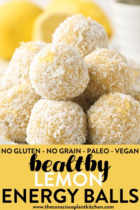 These Lemon Energy Balls are soft, melt-in-your mouth healthy no-bake energy bites with a refreshing coconut lemon flavor.  Plus, these energy balls contains 3.6 g protein and they are perfect as a post work out protein snack too! Lemon Coconut Balls Raw Vegan, Healthy Lemon Protein Balls, Alkaline Energy Balls, Lemon Poppyseed Balls Energy Bites, Aip Protein Balls Energy Bites, Clean Eating Energy Balls, Lemon Coconut Protein Balls, Healthy Balls No Bake Energy Bites, Lemon Coconut Energy Balls