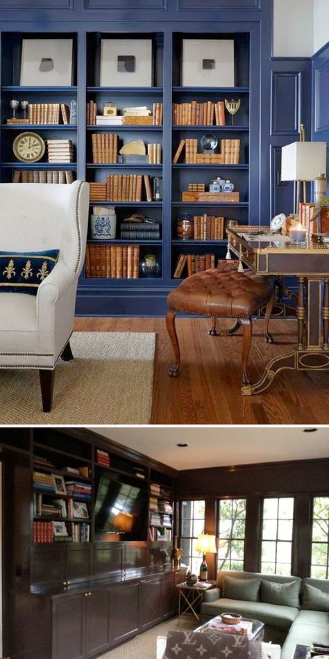 Pawleys Island Posh: Navy Walls + Navy Built-ins Blue Bookshelves, Home Library Rooms, Dark Blue Walls, Navy Walls, Edwardian House, Home Library Design, Bookshelf Styling, Studio Living, Home Libraries