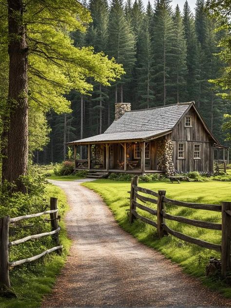 Cabin In The Countryside, Cabins And Cottages In The Woods, Farm In The Woods, Shed In The Woods, Log Cabin Houses, Cottage In Woods, Cabin Landscaping, Home In The Forest, Forest Cabins