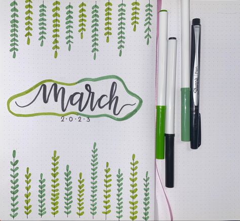 Bullet journal, bujo, march cover, inspiration, march spread, ideas bujo March Dot Journal Ideas, March Bujo Spread, March Journal Page, March Bulletin Journal Ideas, March Whiteboard Ideas, March Dot Journal, March Bujo Theme Ideas, March Journal Cover, March Planner Ideas