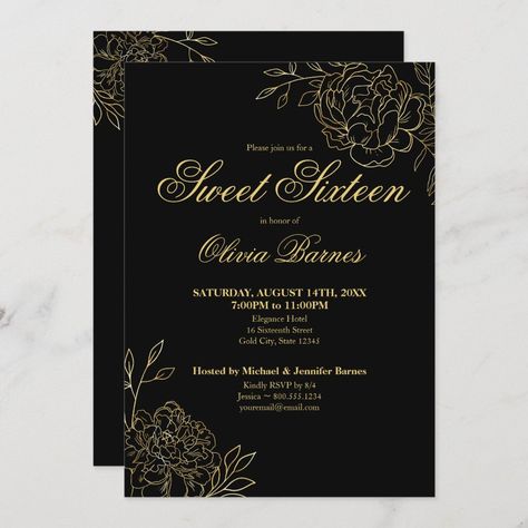 Sweet 16 Black and Gold Line Art Flowers Floral Invitation Black And Gold Line Art, Butterfly Sweet 16, Sweet 16 Birthday Ideas, 16 Birthday Ideas, Line Art Botanical, Black Quince, Quinceanera Planning, 80th Birthday Invitations, 60 Birthday