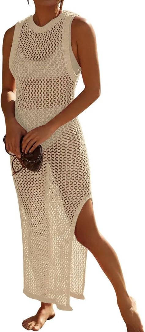 Bsubseach Crochet Cover Ups for Swimwear Women Hollow Out Swimsuit Coverup Backless Bikini Beach Dress Apricot at Amazon Women’s Clothing store Crochet Beach Dress, Crochet Knit Dress, Crochet Swim, Swimsuit Cover Up Dress, Crochet Cover, Crochet Swimwear, Crochet Cover Up, Long Beach Dress, Bathing Suit Covers