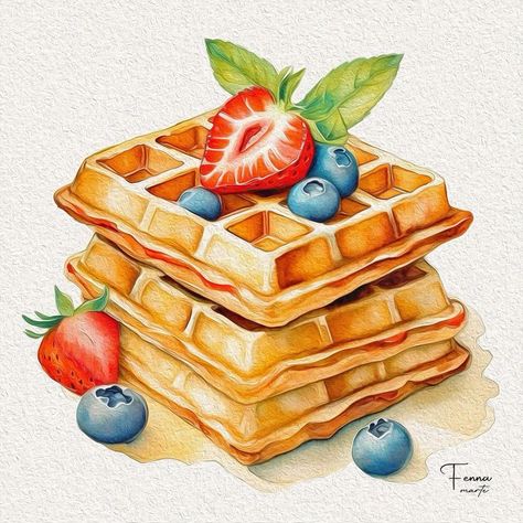 Pijamas Drawing, Waffle Painting, Waffles Illustration, Waffle Drawing, Waffle Illustration, Waffles Strawberry, Berries Illustration, Strawberry Drawing, Food Drawings