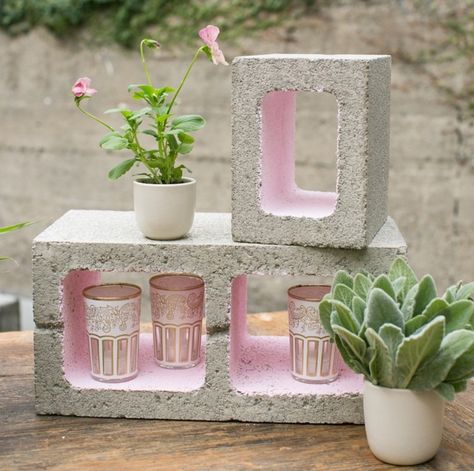 Painted cinder blocks Painted Cinder Blocks, Diy Bookshelf Design, Cinder Block Garden, Cinder Blocks, Bookshelf Design, Cinder Block, Bookshelves Diy, Backyard Inspo, Floral Designer