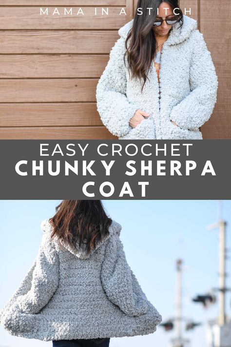 This sherpa coat crochet pattern is super easy and so quick to make! It's made with jumbo yarn so it works up quickly and is beginner friendly because it uses only single crochet stitches. via @MamaInAStitch Jumbo Yarn Sweater, Crochet Sherpa Sweater, Jumbo Yarn Projects Crochet, Hooded Cardigan Crochet Pattern Free, Self Striping Yarn Patterns Crochet Free, Crochet Winter Coat, Sherpa Yarn Crochet Patterns, Truboo Yarn Crochet Pattern Free, Crochet Jumbo Yarn