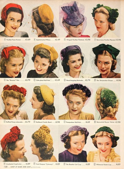 Hat Styles For Women, Hair With Hat, 1950s Hats, 1940s Fashion Women, 40s Hairstyles, 1940s Hats, 1940s Hairstyles, Pretty Hats, Retro Hats