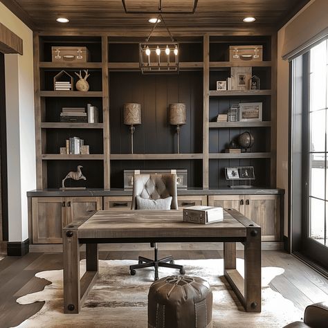 Rustic Brown Home Office Retreat [Room Concept] Office Built Ins Tall Ceiling, Stained Office Built Ins, Dark Office With Built Ins, Arhaus Office Inspiration, Lodge Style Office, Cabin Interiors Office, Bookshelves In Office, Farmhouse Office Space, Home Office With Closet