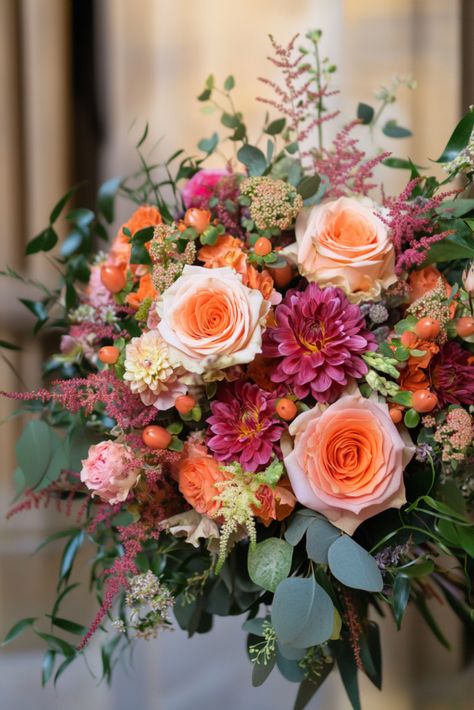 50  Orange and Pink Wedding Bouquets That Pop with Personality | Matched Hearts Dahlia Bridal Bouquet, Orange And Pink Wedding, Orange Ranunculus, Burgundy Dahlia, Pink Gerbera, Coral Roses, Floral Wedding Cakes, Wedding Bouquets Pink, Romantic Bouquet