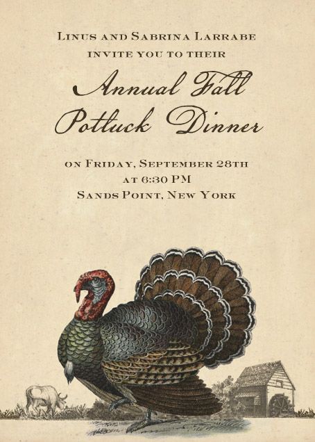 "Turkey and Farm" Invitation, by John Derian, Paperless Post Friendsgiving Invitations, Friendsgiving Feast, Harvest Dinner, Thanksgiving Party Ideas, Count My Blessings, Farm Invitation, Halloween Wedding Invitations, Counting My Blessings, Bless Our Home