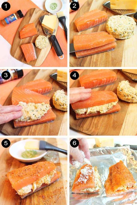 Crab Stuffed Salmon - 2 Cookin Mamas Mediterranean Stuffed Salmon, Grilled Stuffed Salmon Recipes, Smoked Stuffed Salmon, Stuffed Salmon Recipes Shrimp, Crab Stuffed Salmon Recipes, Crab And Shrimp Stuffed Salmon, Seafood Stuffed Salmon, Salmon Stuffed With Crab, Stuff Salmon