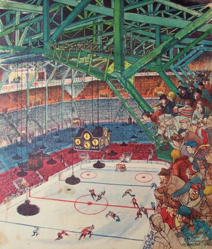 Painting depicting the inside of the Montreal Forum. By the look of the old hands style click this was in the 1940's or 50's. Saskatchewan Landscape, Montreal Forum, Hockey Painting, Hockey Drawing, Seasonal Wallpaper, Sports Artwork, Hockey Posters, Hockey Art, Flyers Hockey