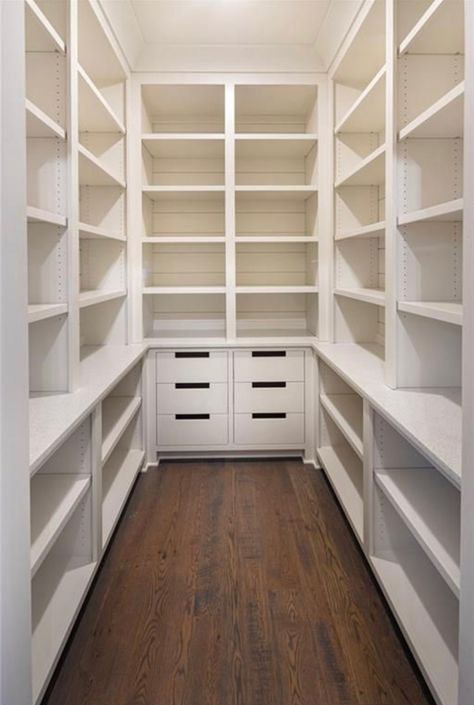 White Walk In Pantry, Walk In Cupboard Ideas, Walk In Pantry With Freezer, U Shaped Pantry, Storage Room Design, Walk In Pantry Ideas Layout, Luxury Pantry, Walk In Pantry Ideas, Pantry Redo