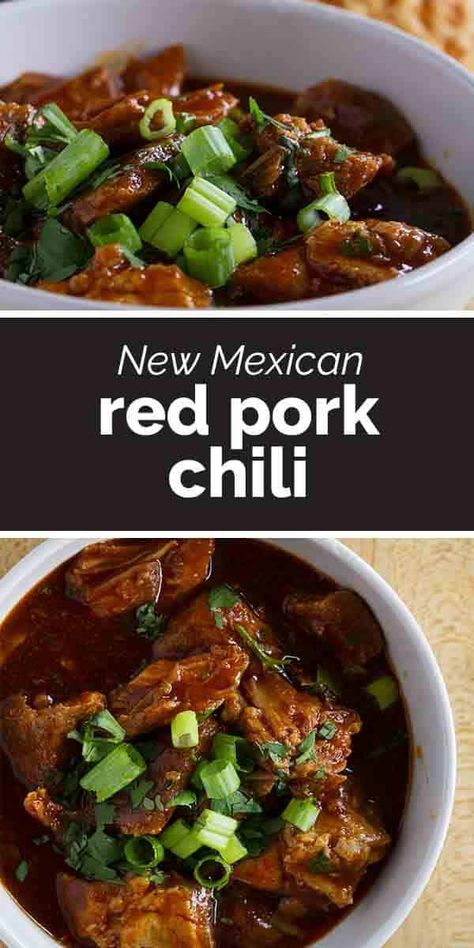 Tender chunks of pork are bathed in a rich chili sauce in this New Mexican Red Pork Chili that will leave you licking your bowl clean. Red Chili Verde Pork, Pork Red Chili Recipes, Mexican Pork Chili, Pulled Pork Chili Recipe, Steak Chili Recipe, Pork Chili Recipe, Pulled Pork Chili, Pork Chili, Meat Chili