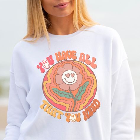 Groovy Shirt Designs, Groovy Sweatshirt, Groovy Self Love, Groovy Summer T-shirt With Screen Print, Positive Aesthetic, Groovy Crew Neck T-shirt With Retro Print, Retro Smiley Face, Smiley Face Shirt, Groovy 70s