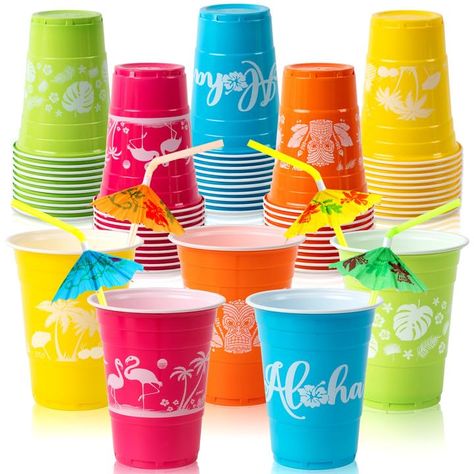 PRICES MAY VARY. Vibrant Variety: Dive into the tropical spirit with our Hawaiian party cups set featuring 5 vibrant colors – pink, green, blue, yellow, and orange. Each color boasts a unique design inspired by the island paradise, ensuring a colorful and festive atmosphere at your Luau party. Hold the PARASOLS: Adding one of these Cocktail Parasol straws is a must for any tropical island drink. No tropical luau party is complete without them, and with plenty to go around, all your guests can en Hawaiian Luau Party Decorations, Luau Decorations, Luau Baby Showers, Luau Party Decorations, Tropical Party Decorations, Hawaiian Party Decorations, Hawaiian Luau Party, Moana Birthday Party, Moana Birthday