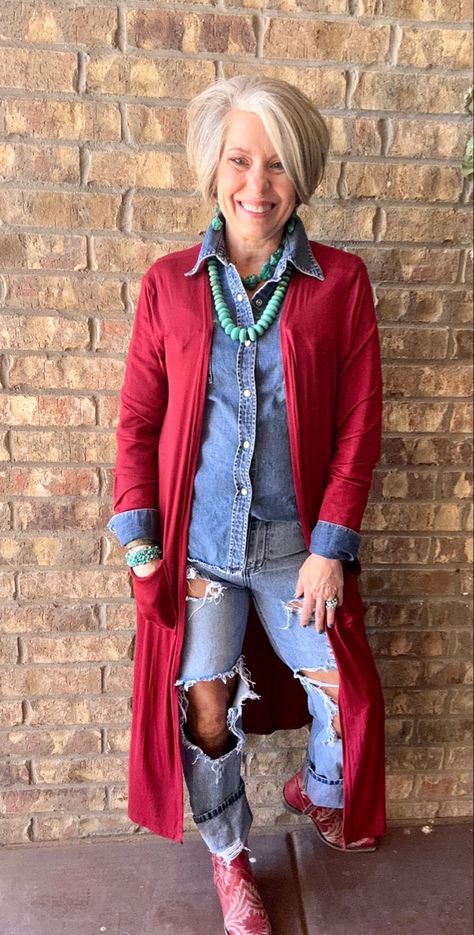 Red Long Cardigan Outfit, Red Cardigan Outfit, Cardigan Outfit Spring, Kimono And Jeans, Duster Outfit, Long Cardigan Outfit, Turquoise Cardigan, Jean Fashion, Jeans Outfit Fall