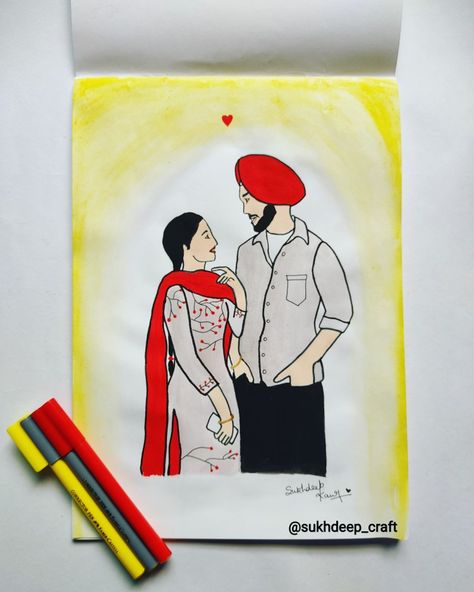 Punjabi couples Punjabi Drawing Ideas, Punjabi Front Page Design, Sardar Sardarni Couple Drawing, Punjabi Couple Drawing, Punjabi Drawing, Sardar Sardarni Couple Cartoon, Couple Sketch Drawing, Boy And Girl Drawing, Couples Drawing