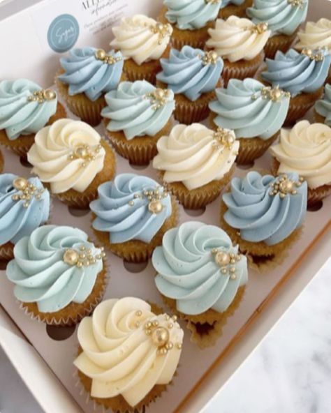 Mini cupcakes in blue themed Blue Frosting Cupcakes, Baby Boy Cupcake Ideas, Baby Shower Cupcakes Boy, Blue Baby Shower Cupcakes, Baby Boy Shower Cupcakes, Wedding Shower Cupcakes, Baby Shower Cupcakes For Boy, Baby Boy Cupcakes, Softball Party