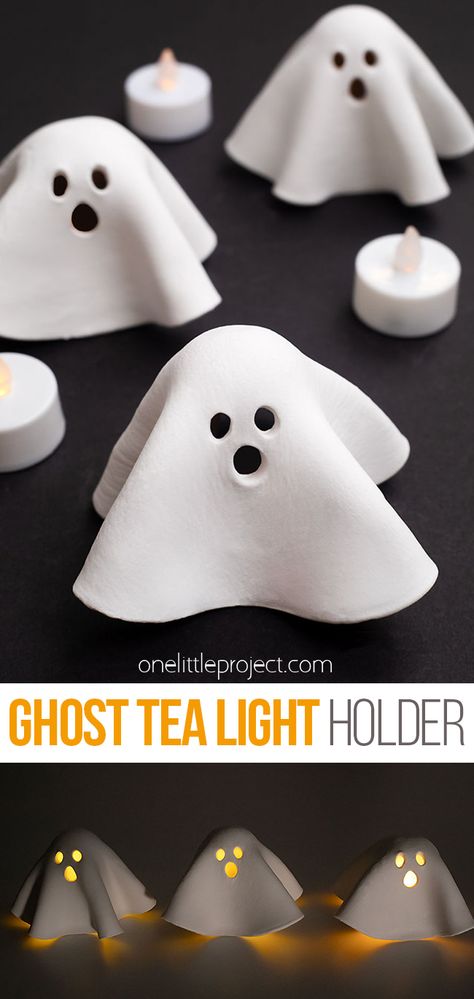 Tea Light Ghost Craft, Halloween Crafts For Kids 8-10, Diy Crafts Autumn, Kids October Crafts, Ghost Tea Lights, Ceramic Ghost Tea Light, Ghost Tea Light Diy, Halloween Cute Crafts, Easy Home Crafts For Adults