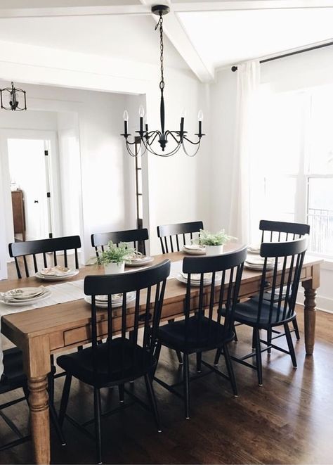 Table With Black Chairs, Black Chairs, Dining Room Remodel, Dining Room Style, The Golden Girls, Farmhouse Dining Table, Dining Lighting, The Dining Room, Dining Room Inspiration