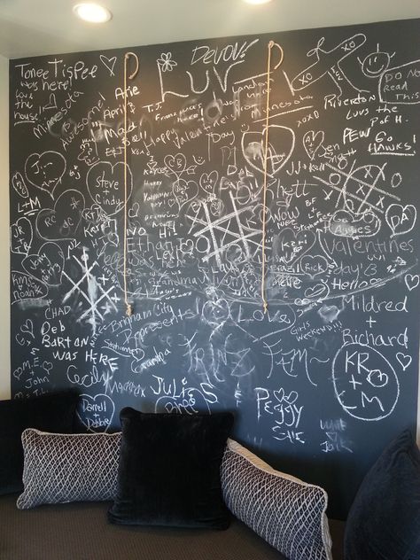 Great chalkboard wall with handing chalk strings! Chalk Accent Wall, Chalkboard Wall Restaurant, Chalkboard In Room, Chalk Bored Wall, Chalk Board Wall Ideas, Blackboard Wall Ideas, Chalk Wall Bedroom, Chalk Wall Ideas, Chalk Paint Wall