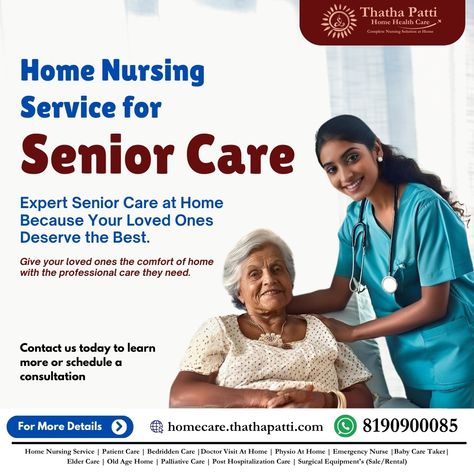 Home Nursing Service for Senior Care Expert Senior Care at Home Because Your Loved Ones Deserve the Best. Give your loved ones the comfort of home with the professional care they need. At Thatha Patti Home Health Care, we specialize in providing dedicated, compassionate nursing care for seniors, right in the comfort of their own homes. Let us help your loved ones maintain their independence while receiving the professional care they deserve. Contact us today to learn more or schedule a cons... Home Nursing Services, Emergency Nursing, Palliative Care, Nursing Care, Senior Care, Doctor Visit, Home Health Care, Elderly Care, Patient Care